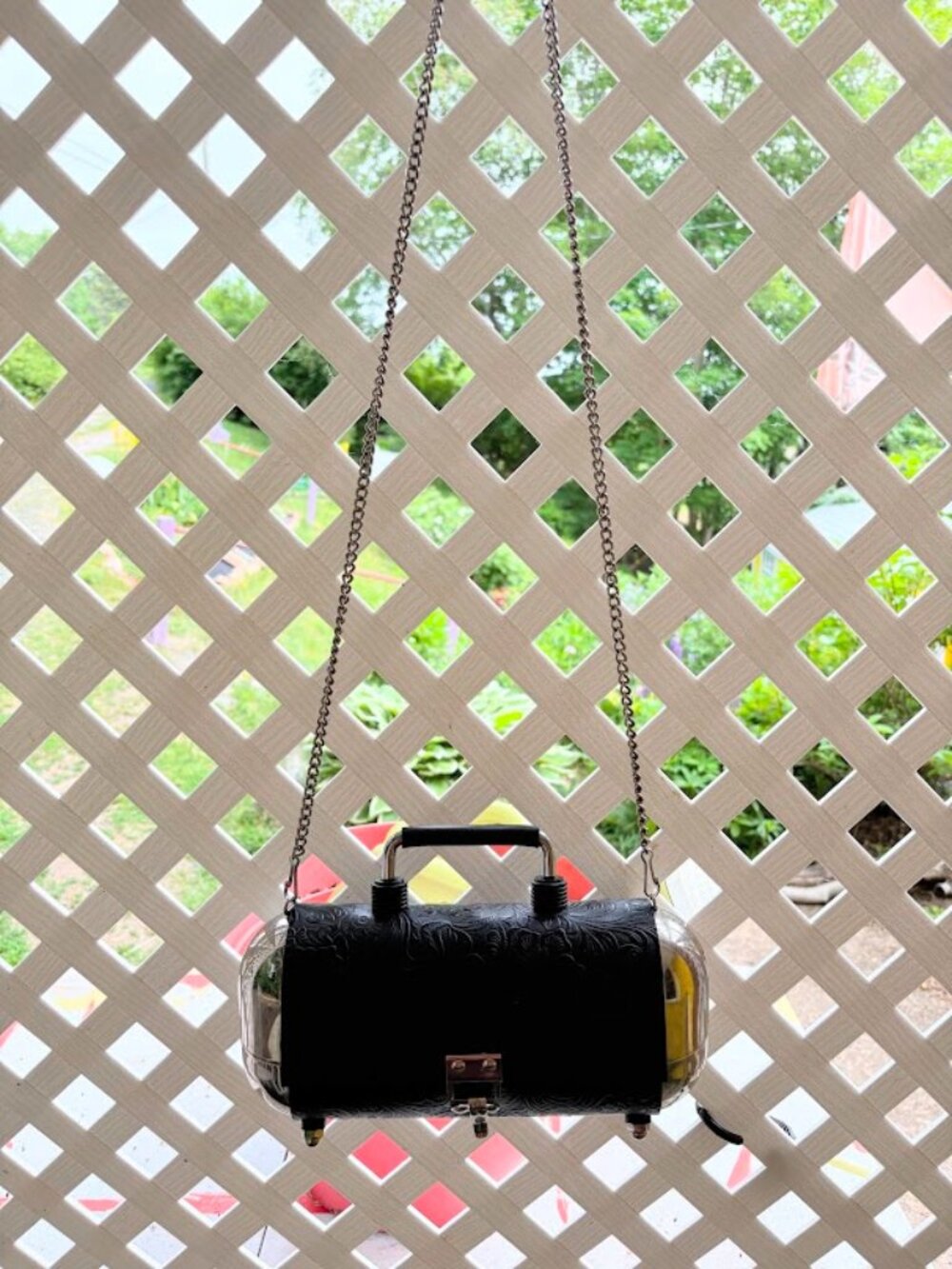 Geranium Barrel Purse | Metal & Embossed Faux Leather | Unique Statement Bag